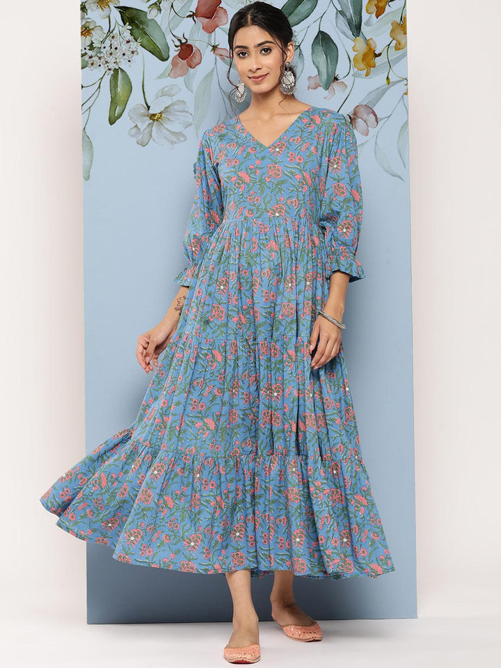 Blue Printed Cotton Fit and Flare Dress - Libas