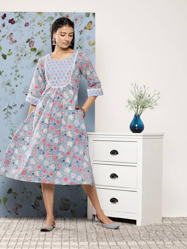 Blue Printed Cotton Fit and Flare Dress - Libas 