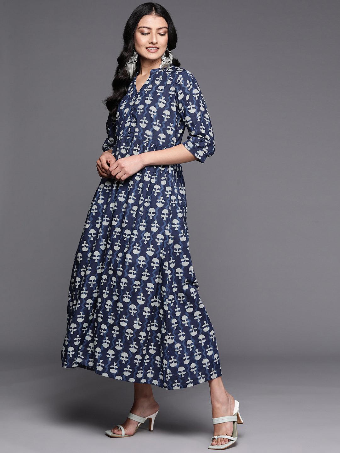 Blue Printed Cotton Fit and Flare Dress - Libas