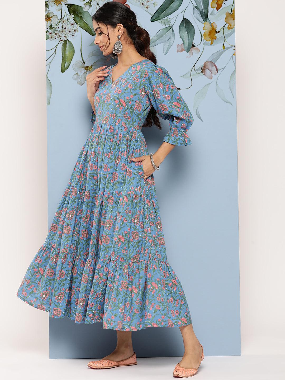 Blue Printed Cotton Fit and Flare Dress - Libas 