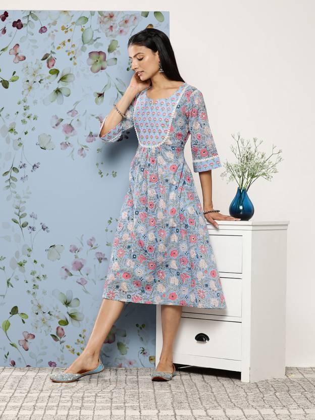 Blue Printed Cotton Fit and Flare Dress - Libas 