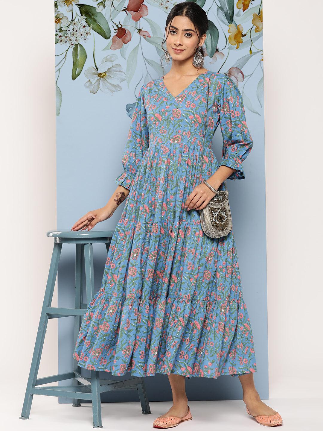 Blue Printed Cotton Fit and Flare Dress - Libas 