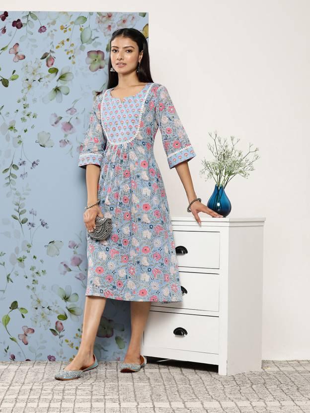 Blue Printed Cotton Fit and Flare Dress - Libas 