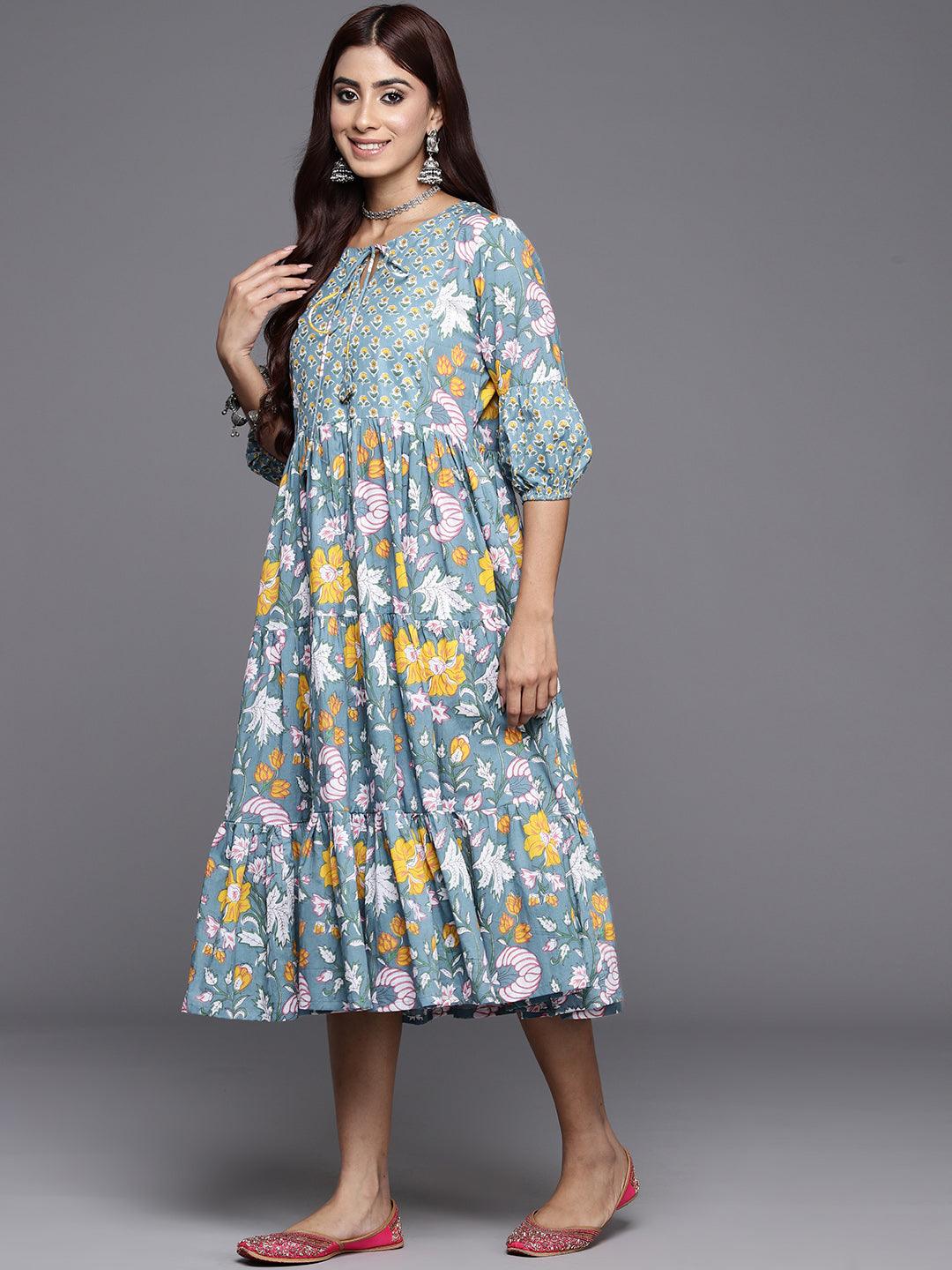 Blue Printed Cotton Fit and Flare Dress - Libas 