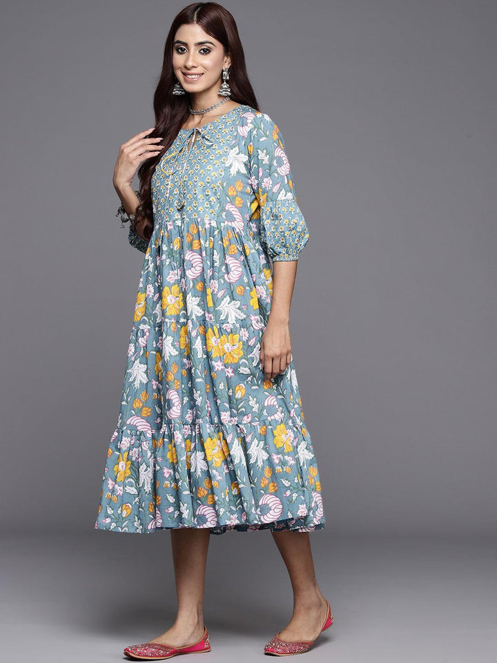 Blue Printed Cotton Fit and Flare Dress - Libas