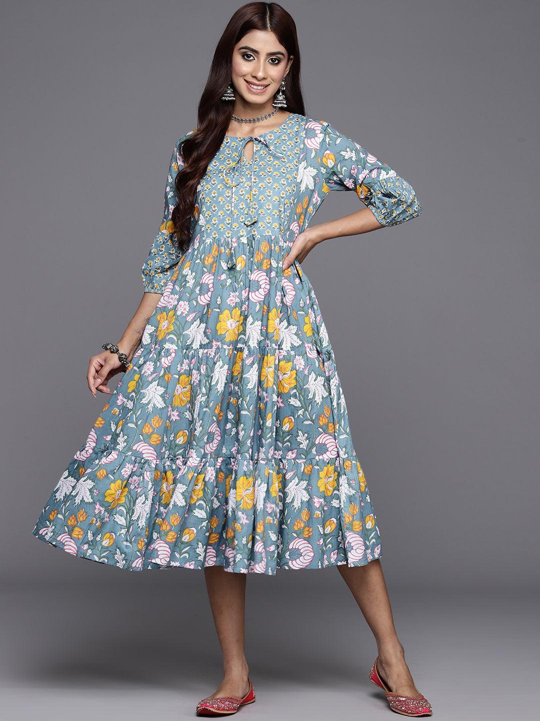 Blue Printed Cotton Fit and Flare Dress - Libas 