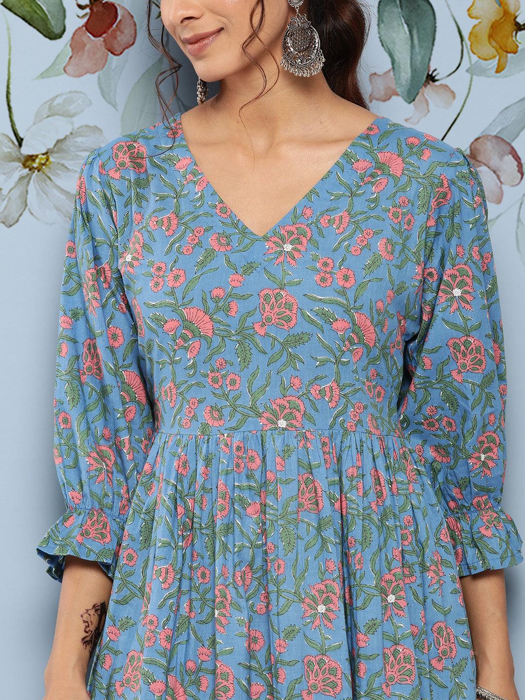 Blue Printed Cotton Fit and Flare Dress - Libas 