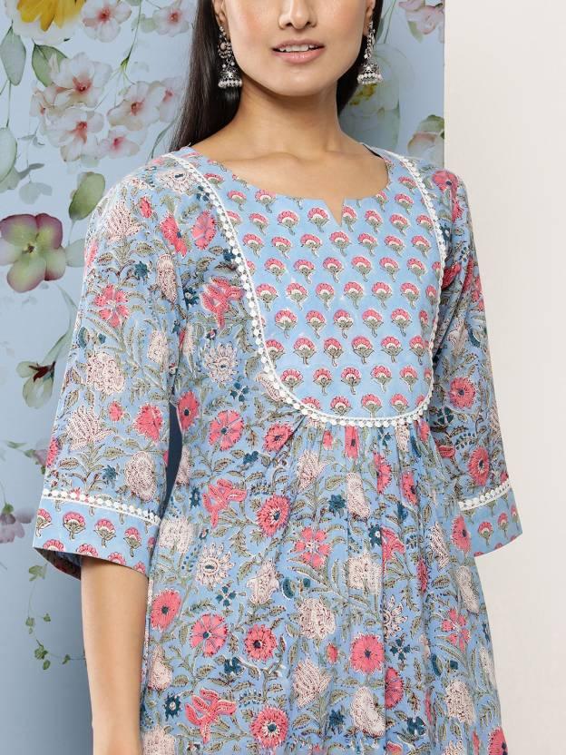 Blue Printed Cotton Fit and Flare Dress - Libas