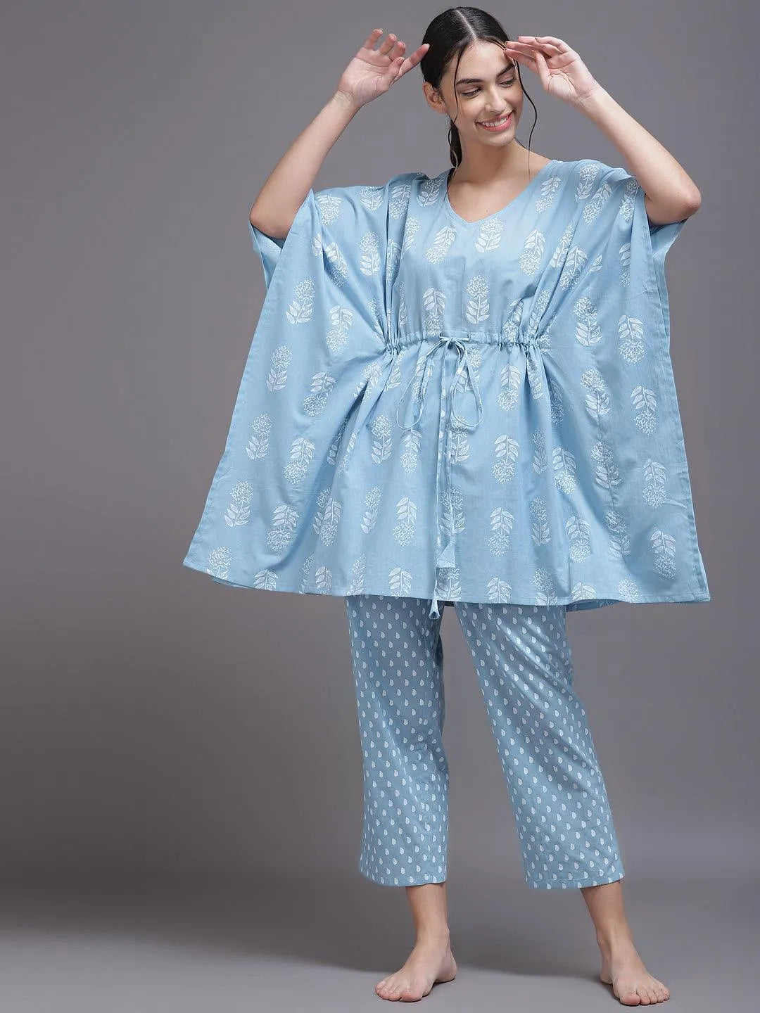 Blue Printed Cotton Night Suit - Libas