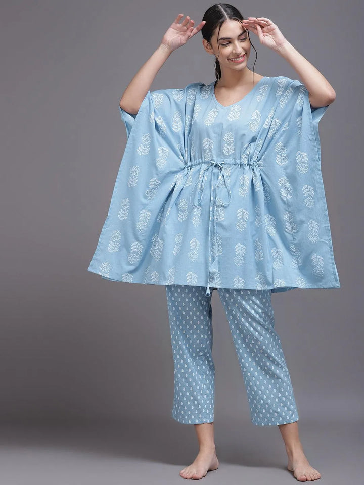 Blue Printed Cotton Night Suit - Libas