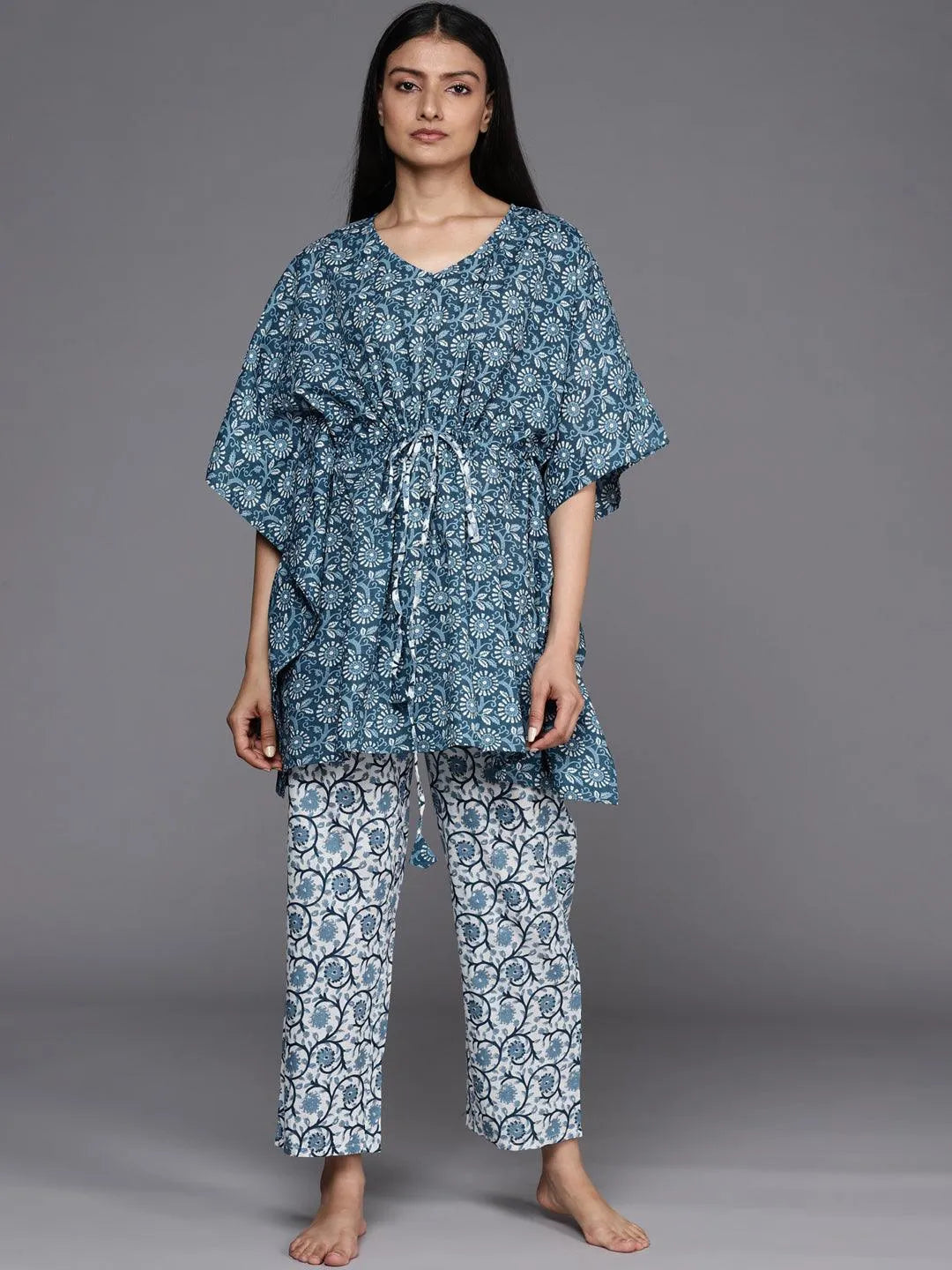 Blue Printed Cotton Night Suit - Libas 