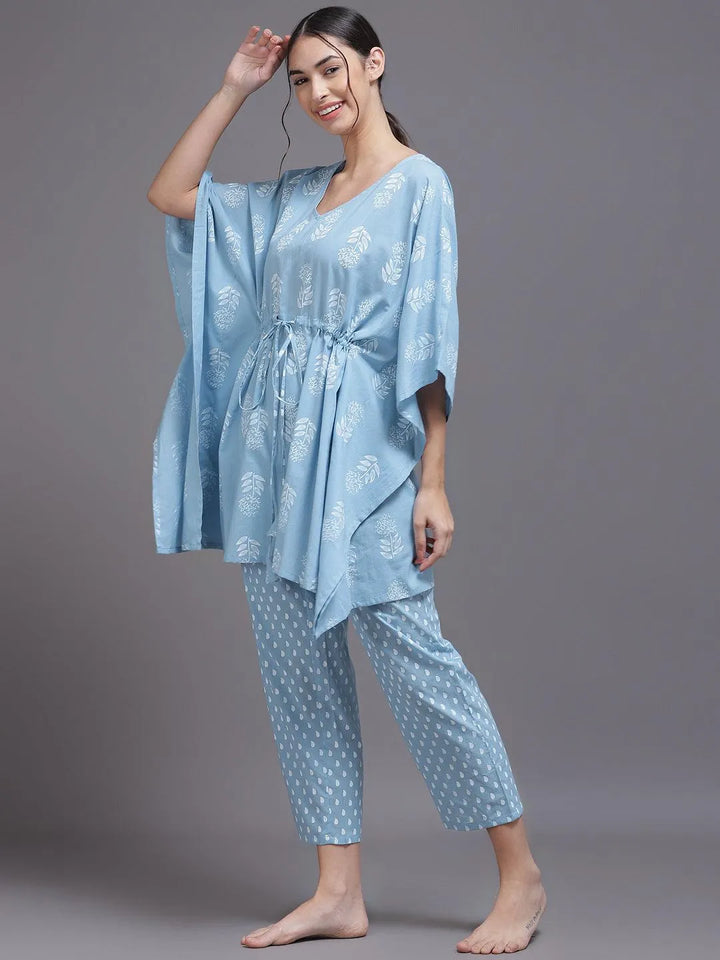 Blue Printed Cotton Night Suit - Libas