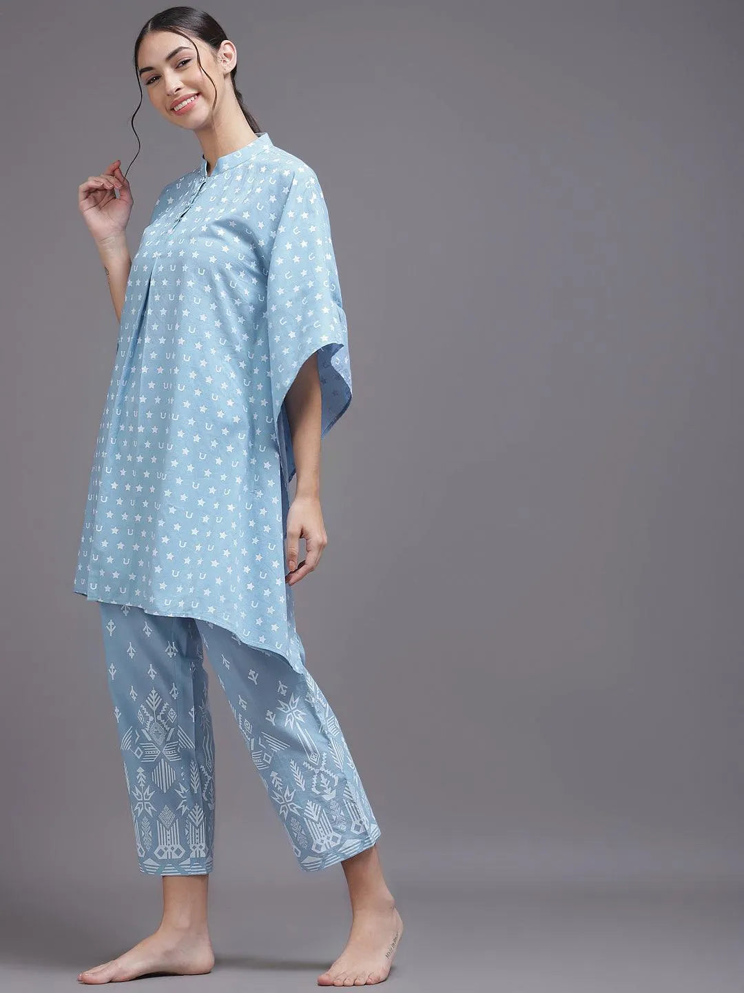 Blue Printed Cotton Night Suit - Libas