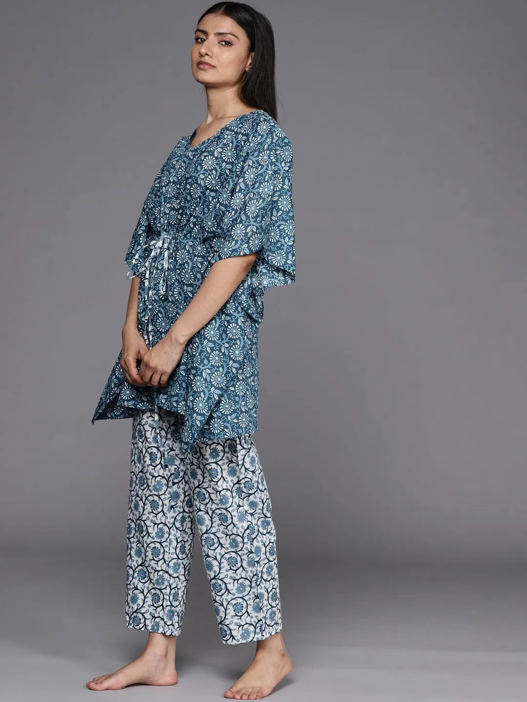 Blue Printed Cotton Night Suit - Libas 