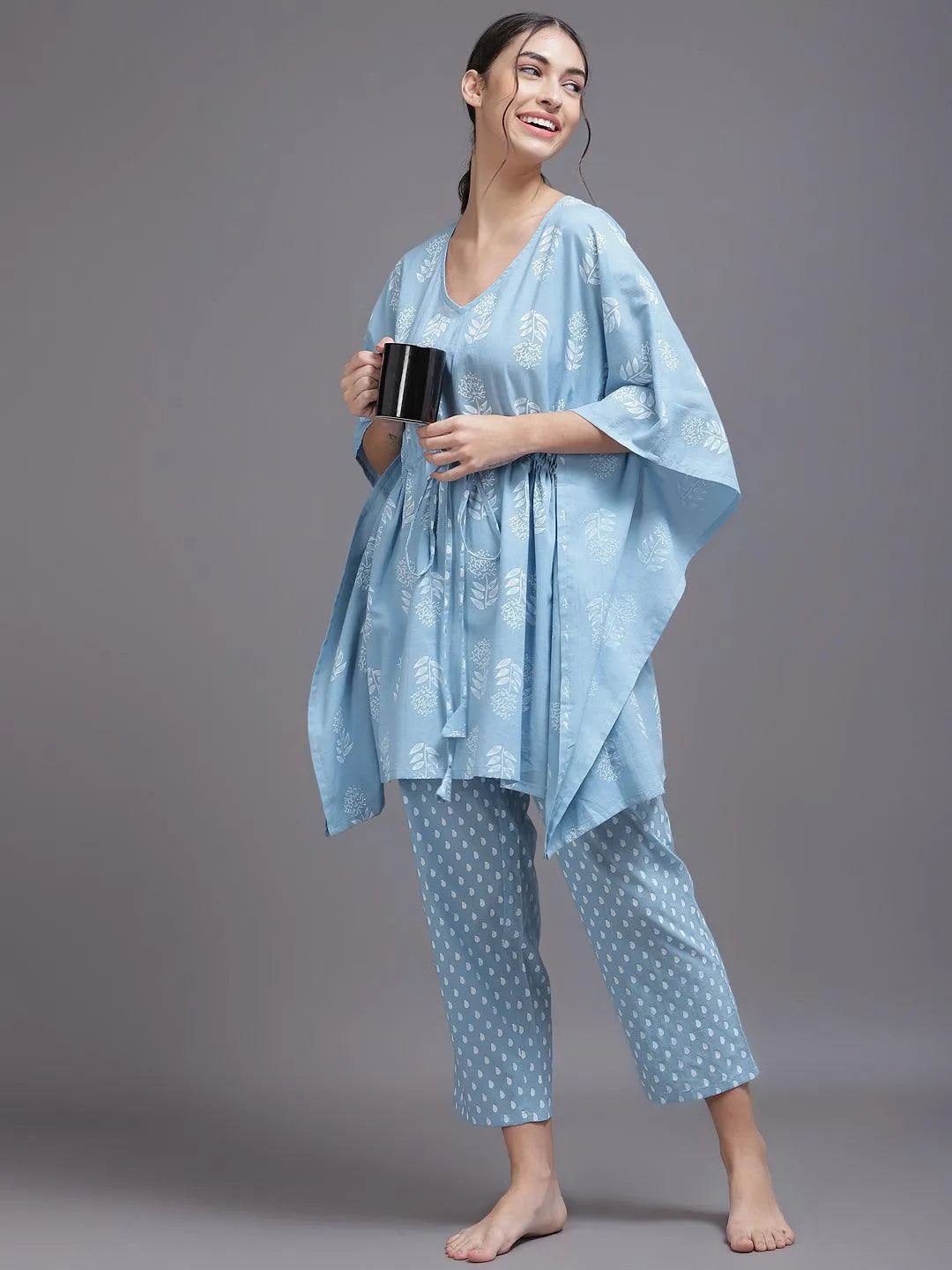 Blue Printed Cotton Night Suit - Libas