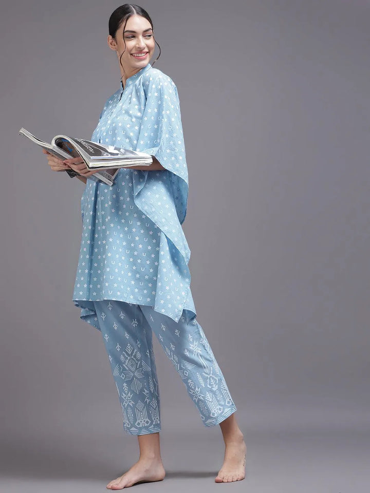 Blue Printed Cotton Night Suit - Libas