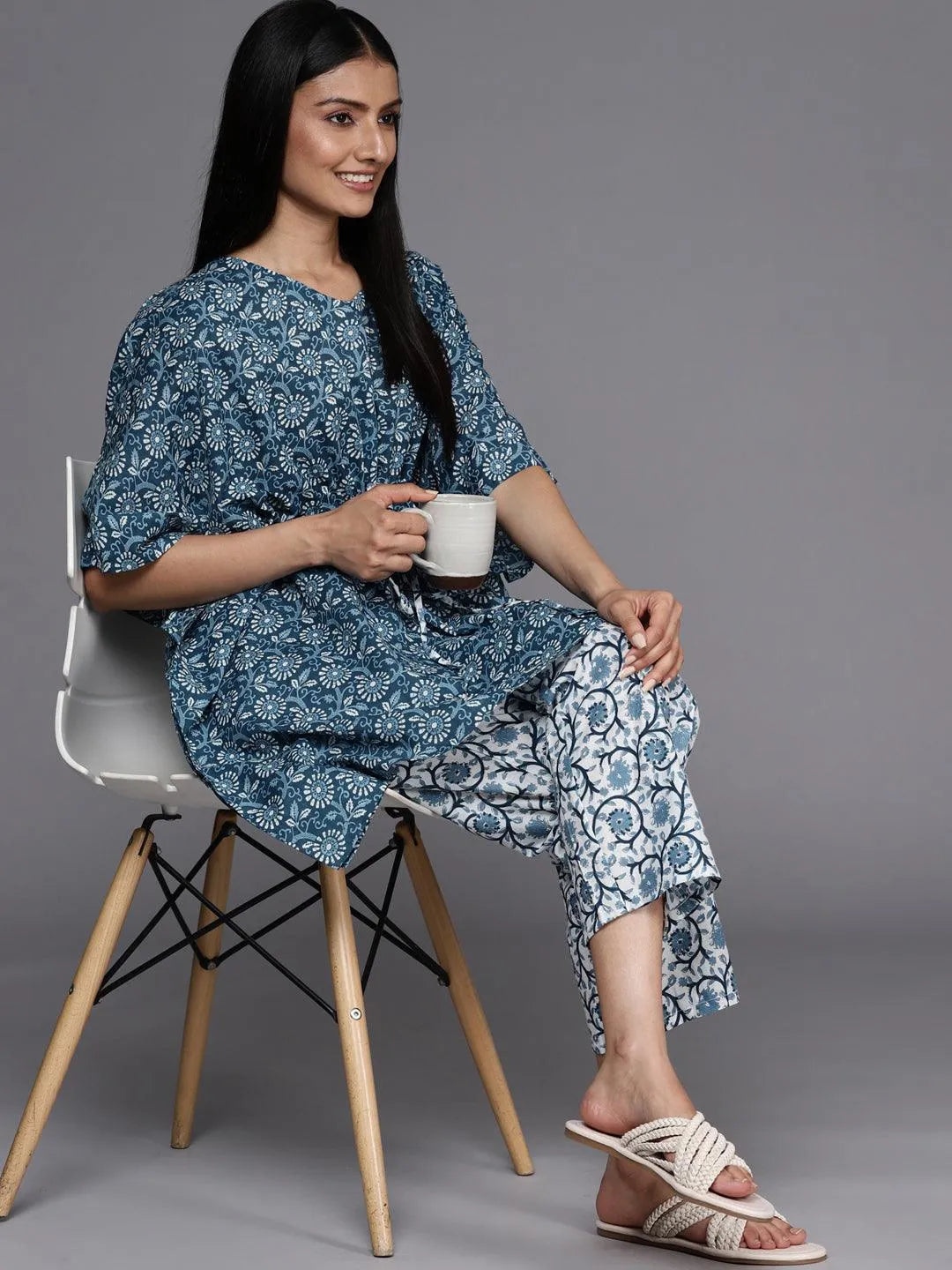 Blue Printed Cotton Night Suit - Libas 