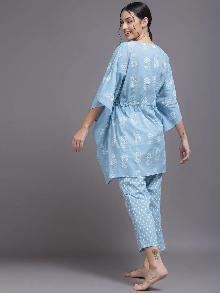 Blue Printed Cotton Night Suit - Libas