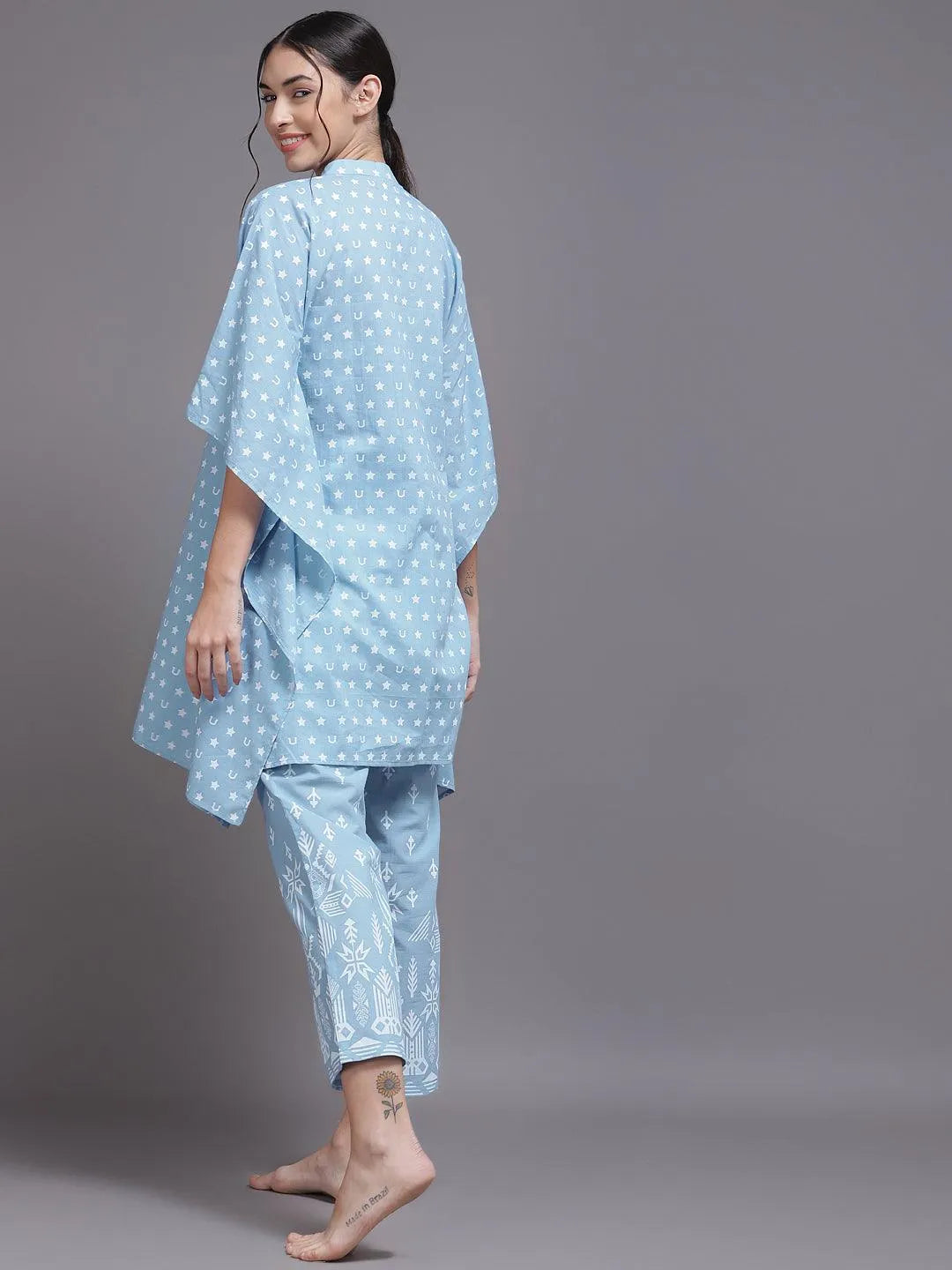 Blue Printed Cotton Night Suit - Libas