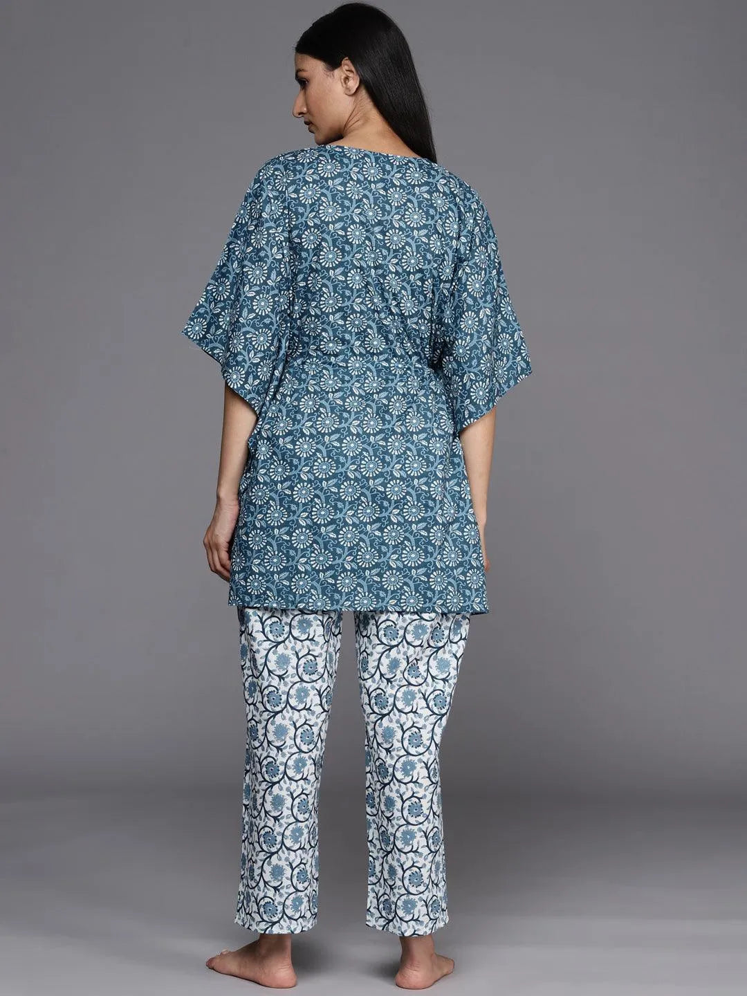 Blue Printed Cotton Night Suit - Libas 