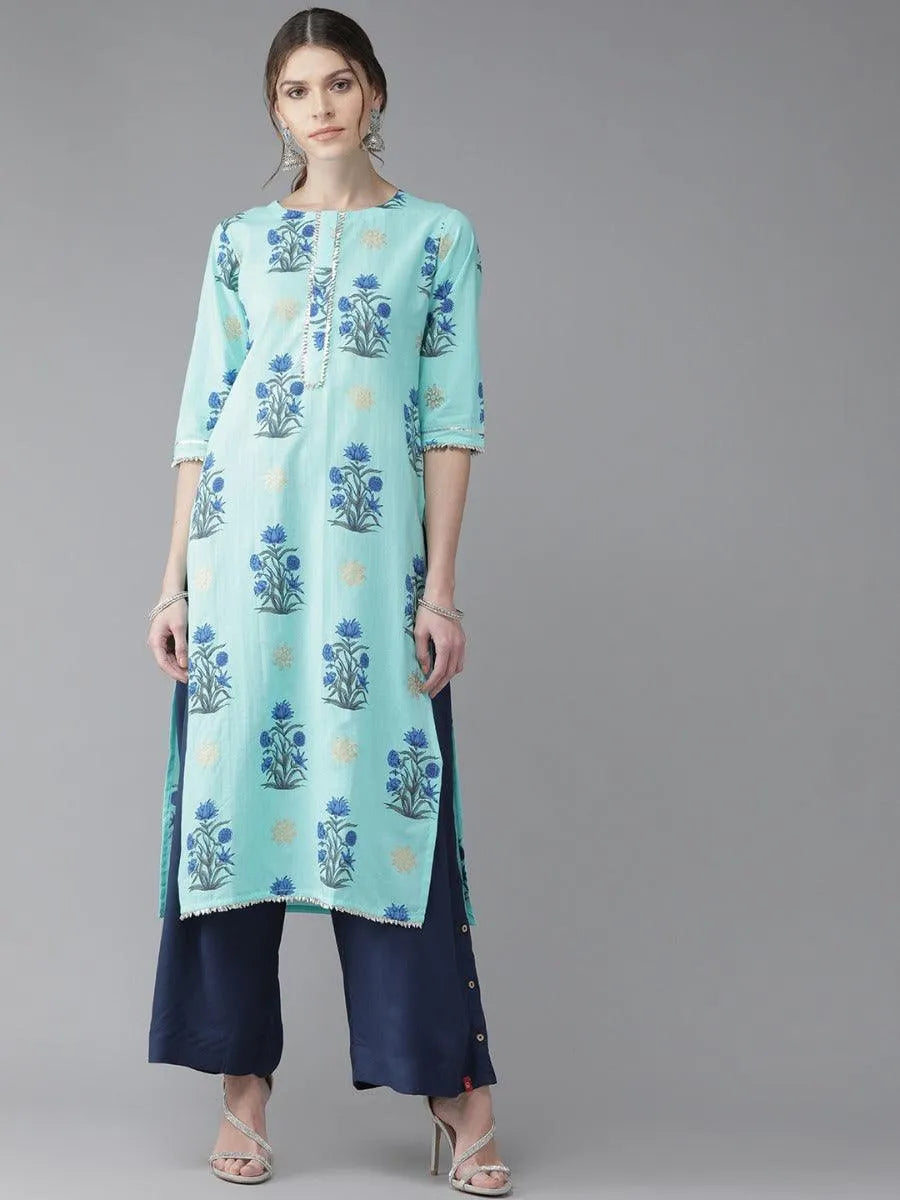 Blue Printed Cotton Kurta - Libas