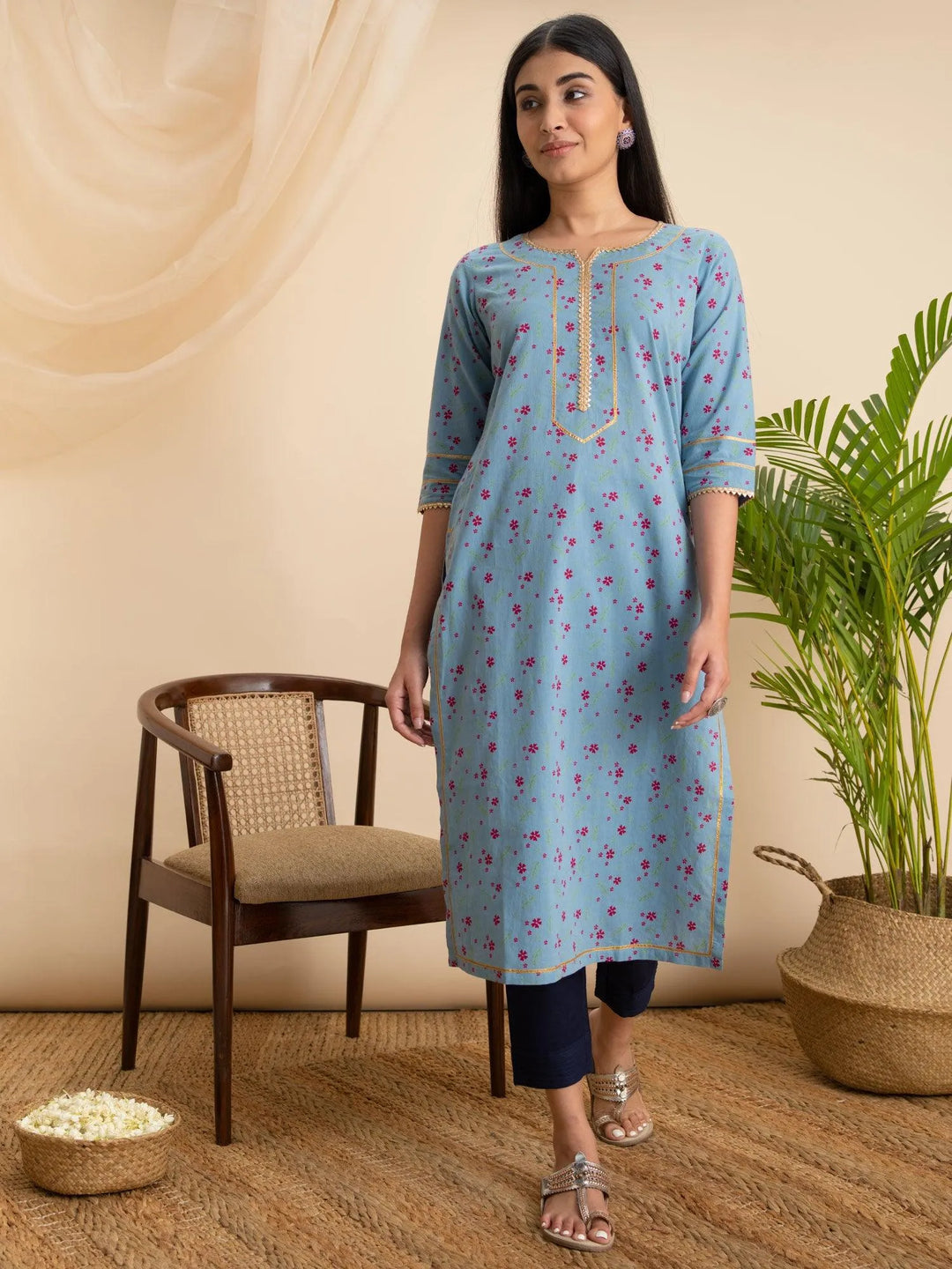 Blue Printed Cotton Kurta - Libas 