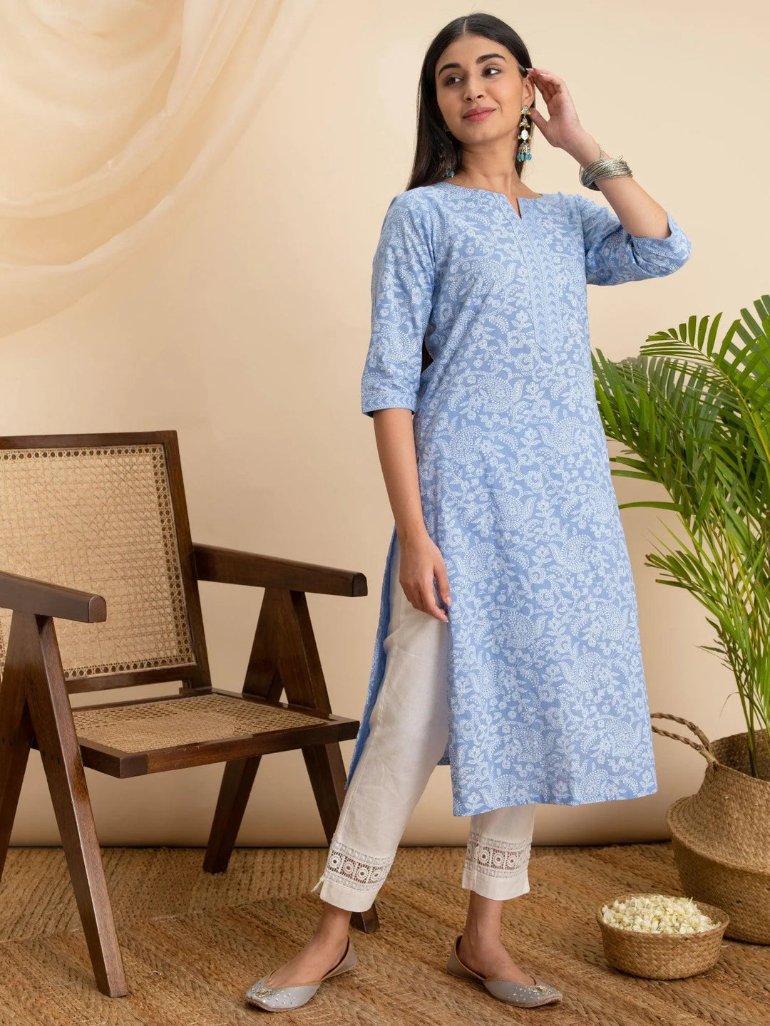 Blue Printed Cotton Kurta - Libas 