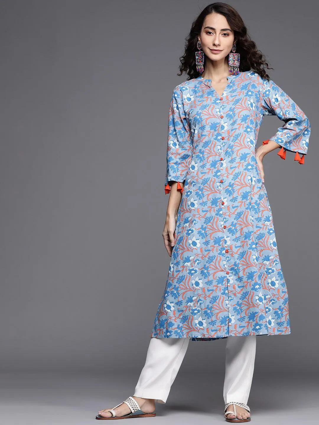 Blue Printed Cotton Kurta - Libas 