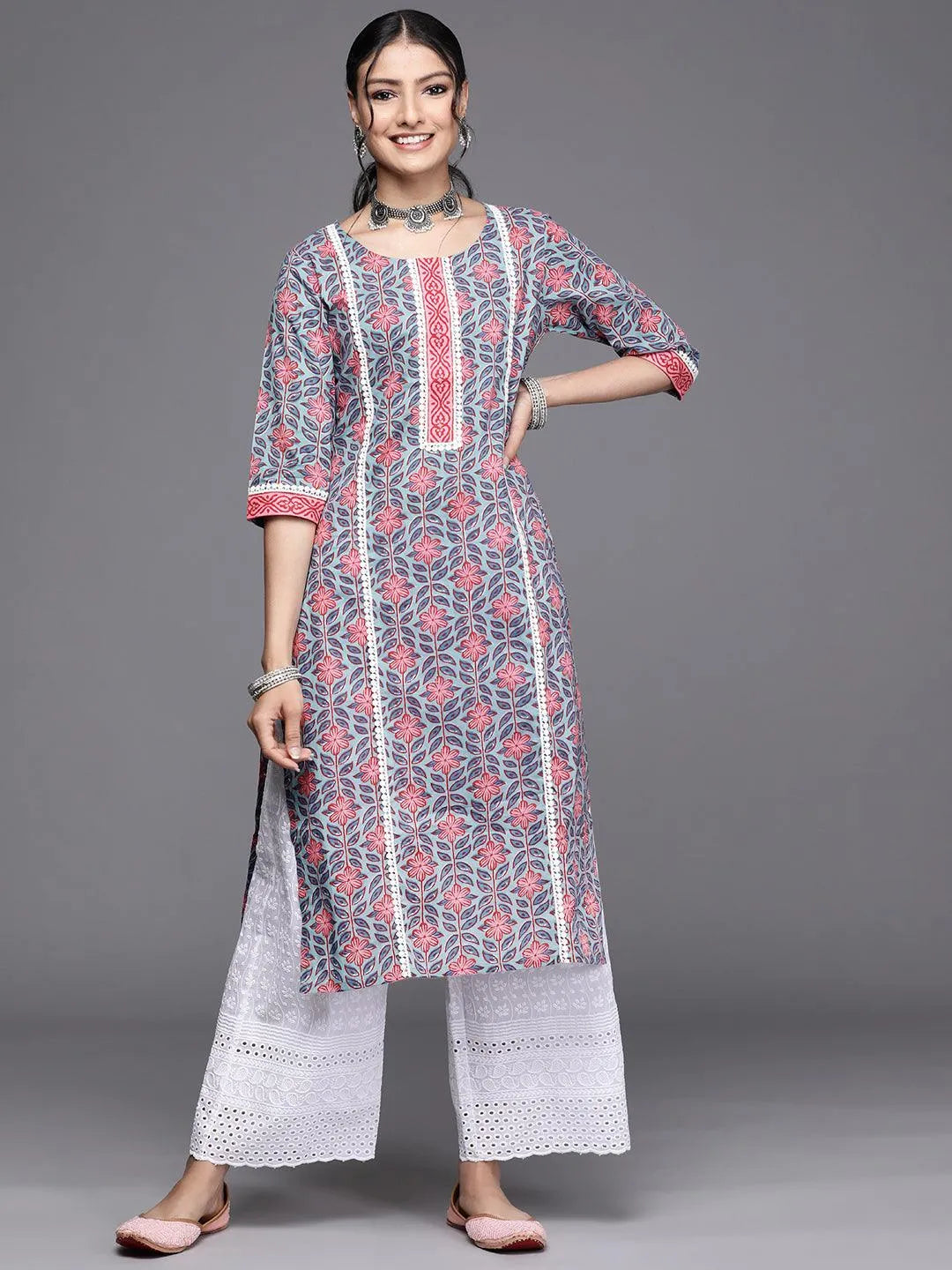 Blue Printed Cotton Kurta - Libas 