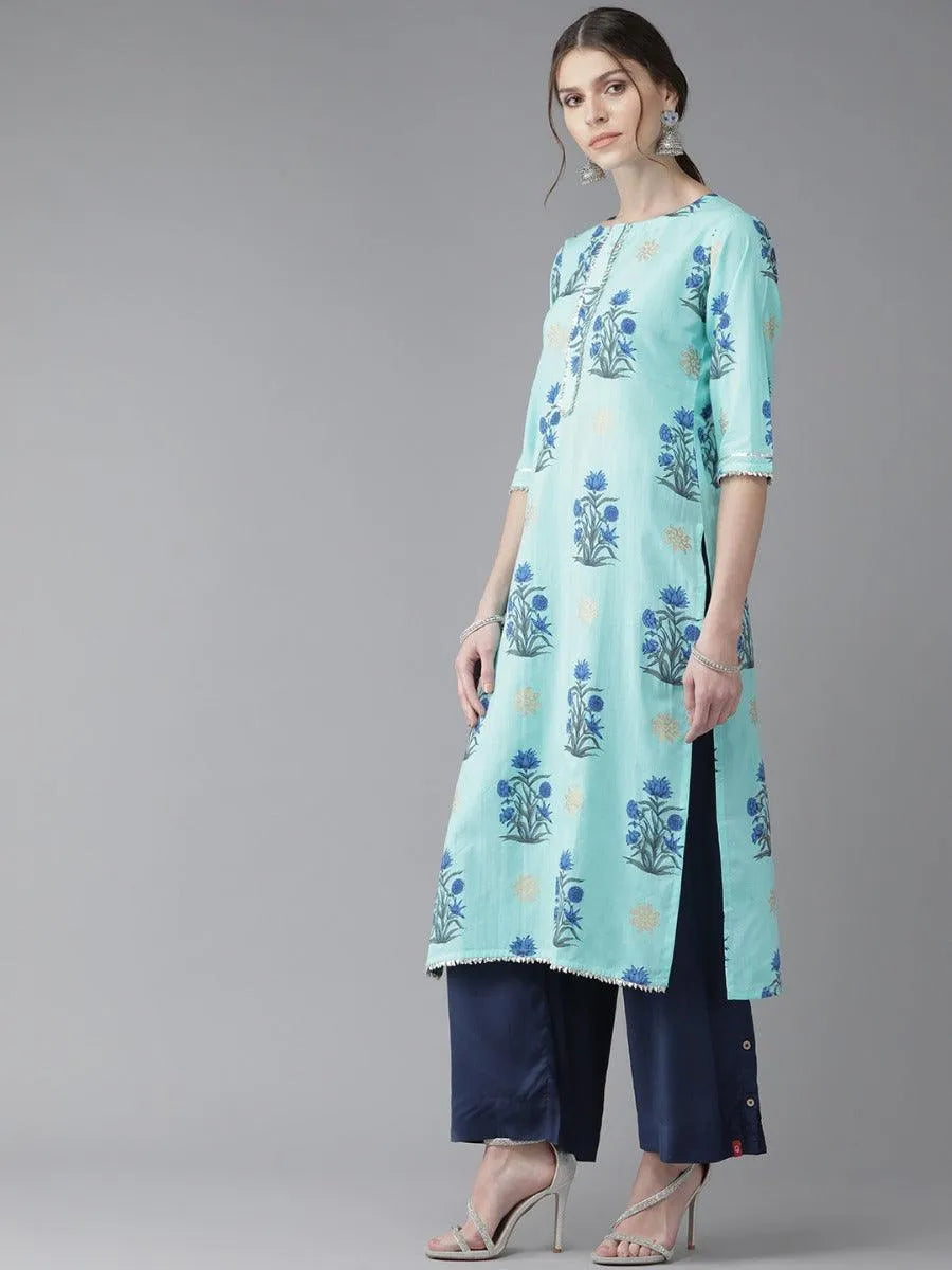 Blue Printed Cotton Kurta - Libas