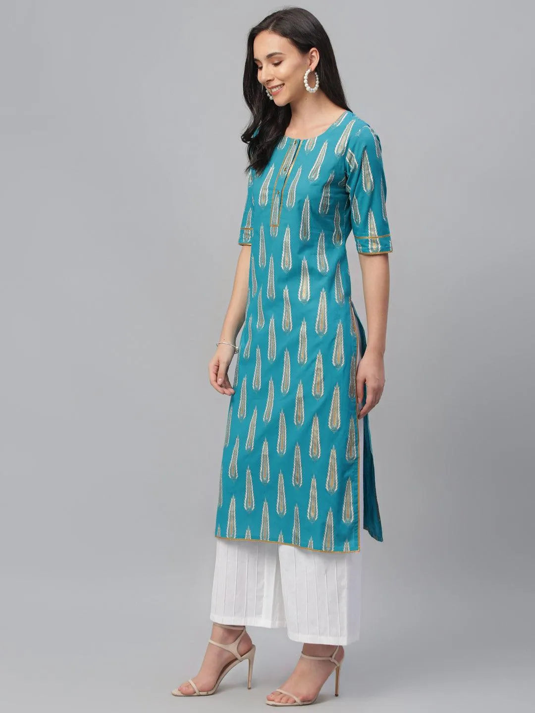 Blue Printed Cotton Kurta - Libas