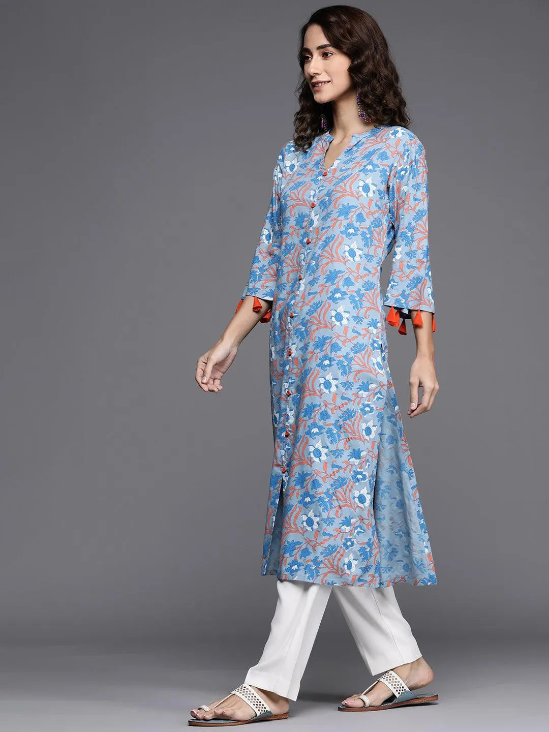 Blue Printed Cotton Kurta - Libas