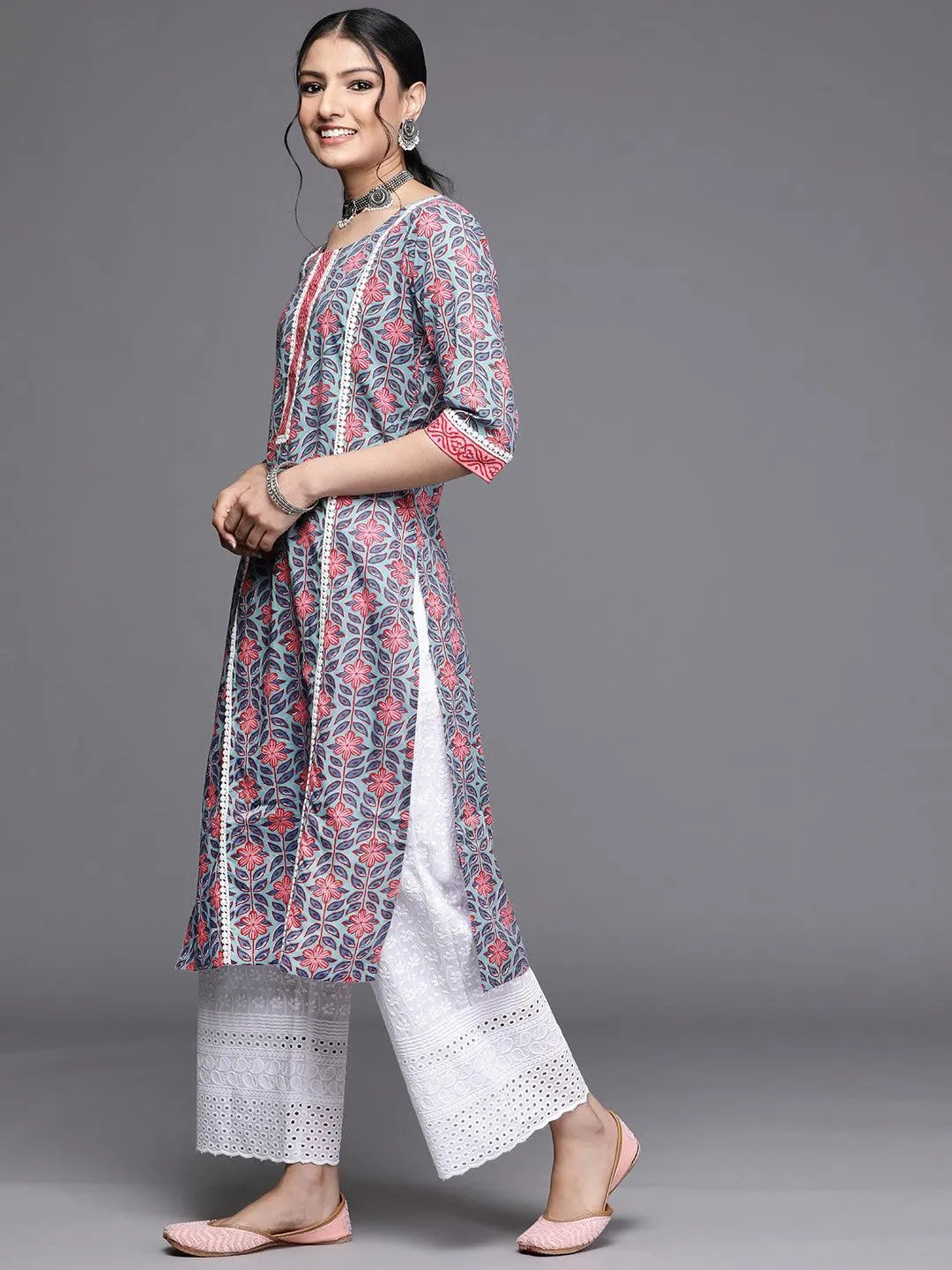 Blue Printed Cotton Kurta - Libas