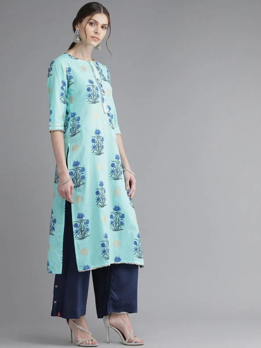 Blue Printed Cotton Kurta - Libas