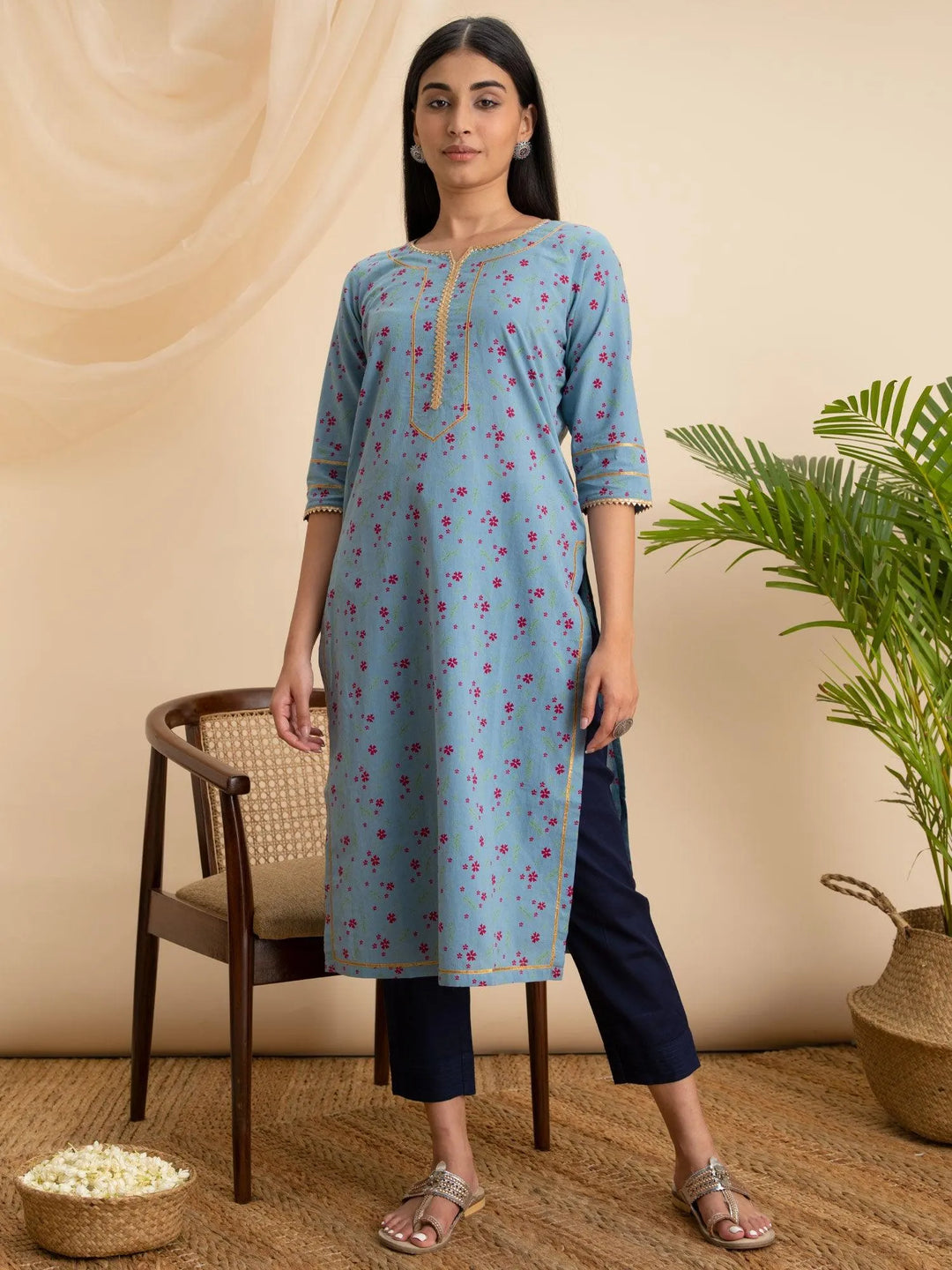 Blue Printed Cotton Kurta - Libas 