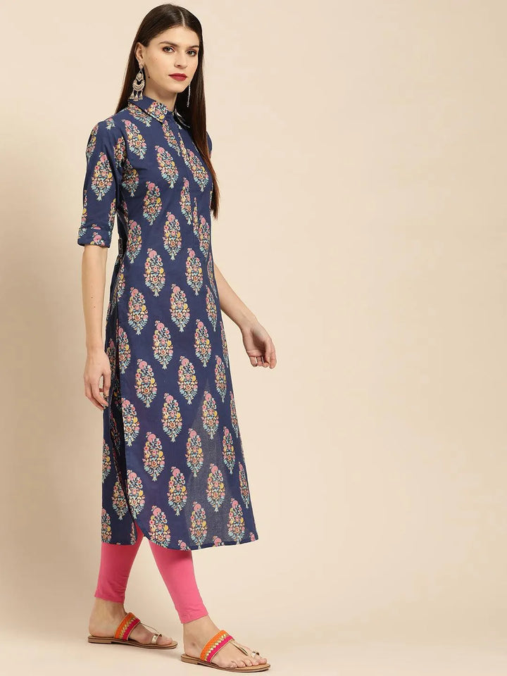 Blue Printed Cotton Kurta - Libas