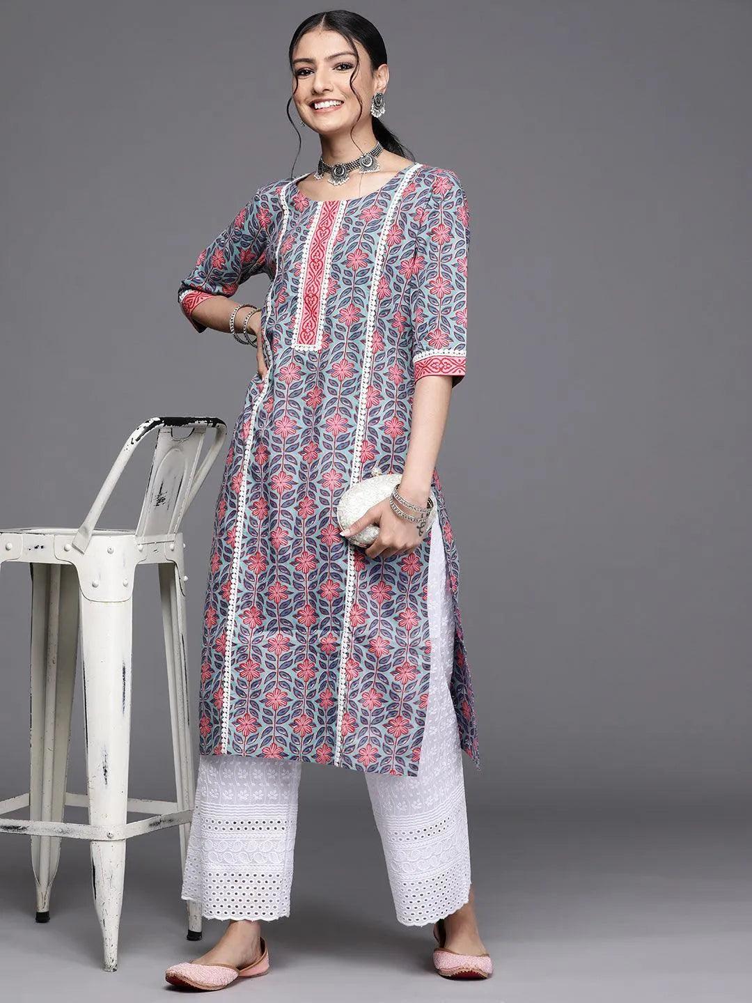 Blue Printed Cotton Kurta - Libas 