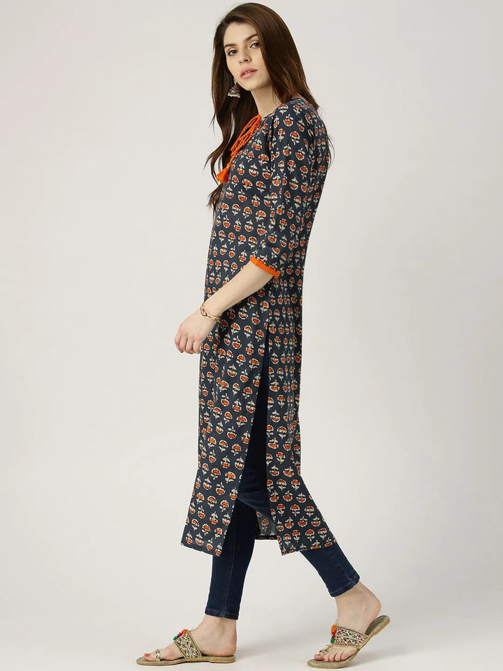 Blue Printed Cotton Kurta - Libas