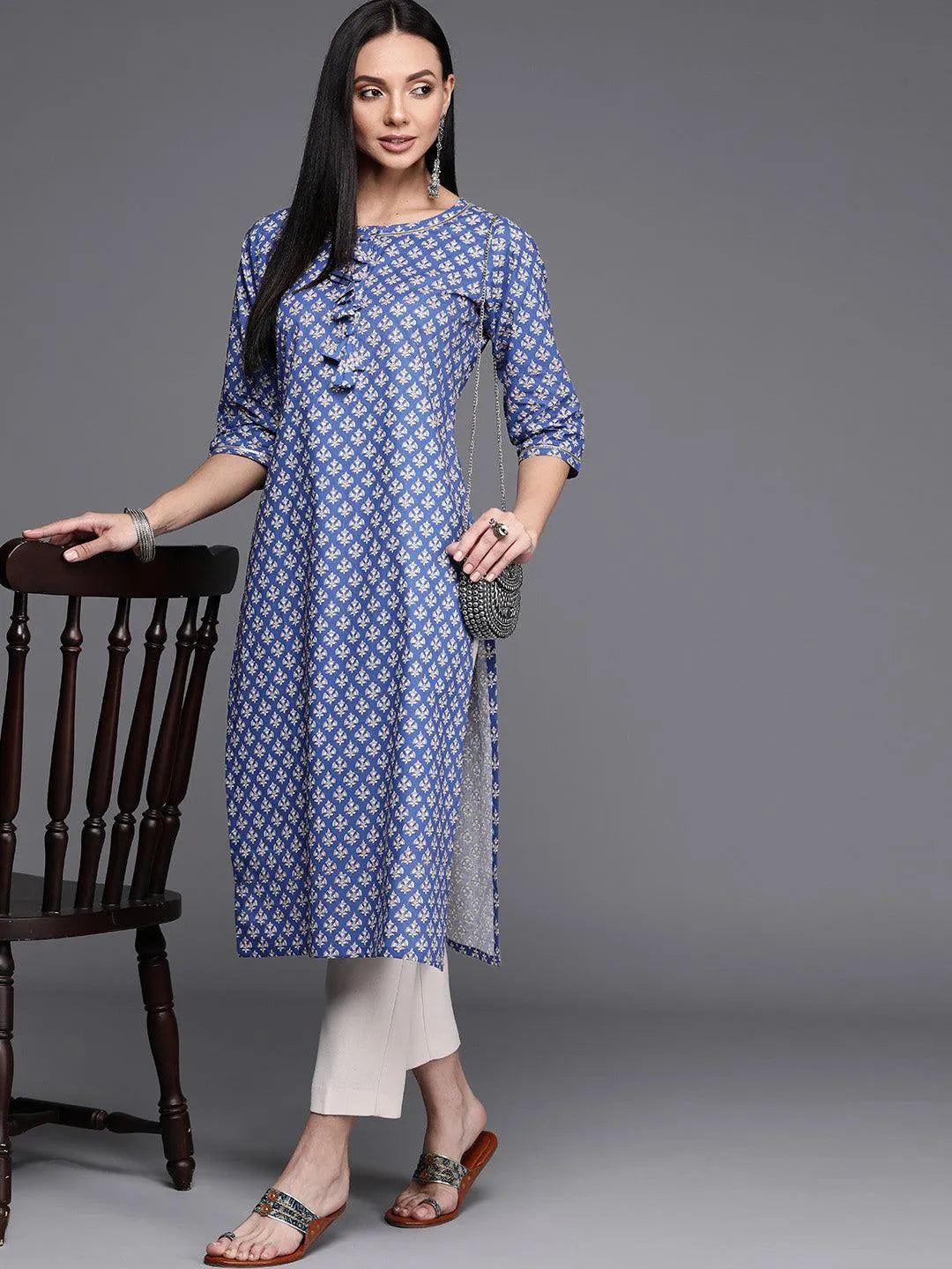 Blue Printed Cotton Kurta - Libas