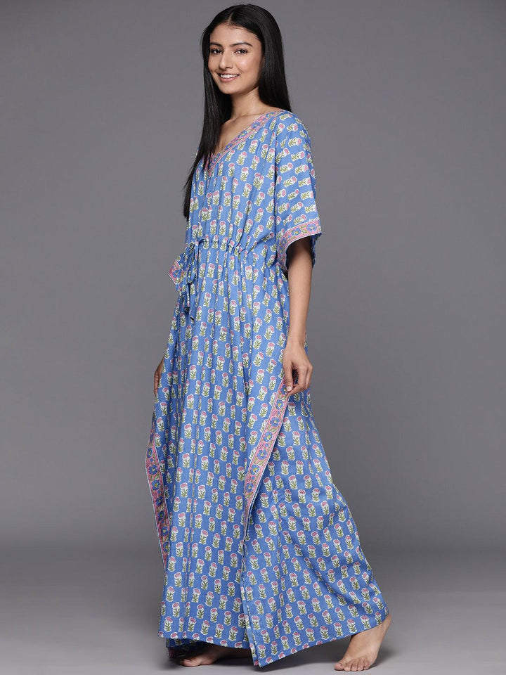 Blue Printed Cotton Night Dress - Libas