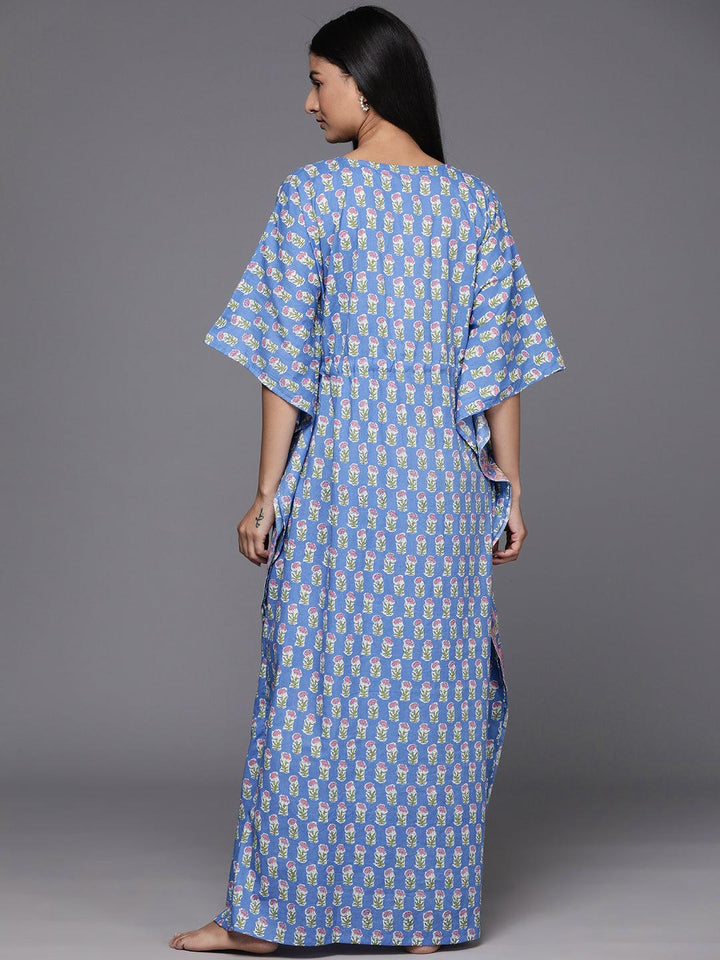 Blue Printed Cotton Night Dress - Libas