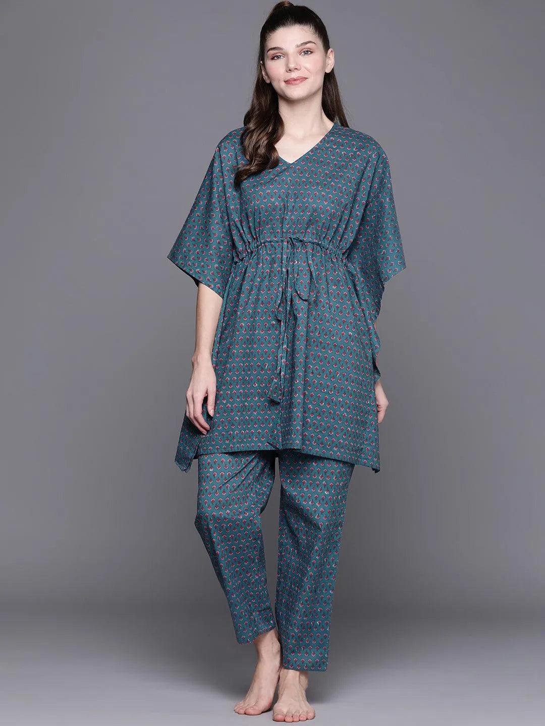 Blue Printed Cotton Night Suit - Libas 