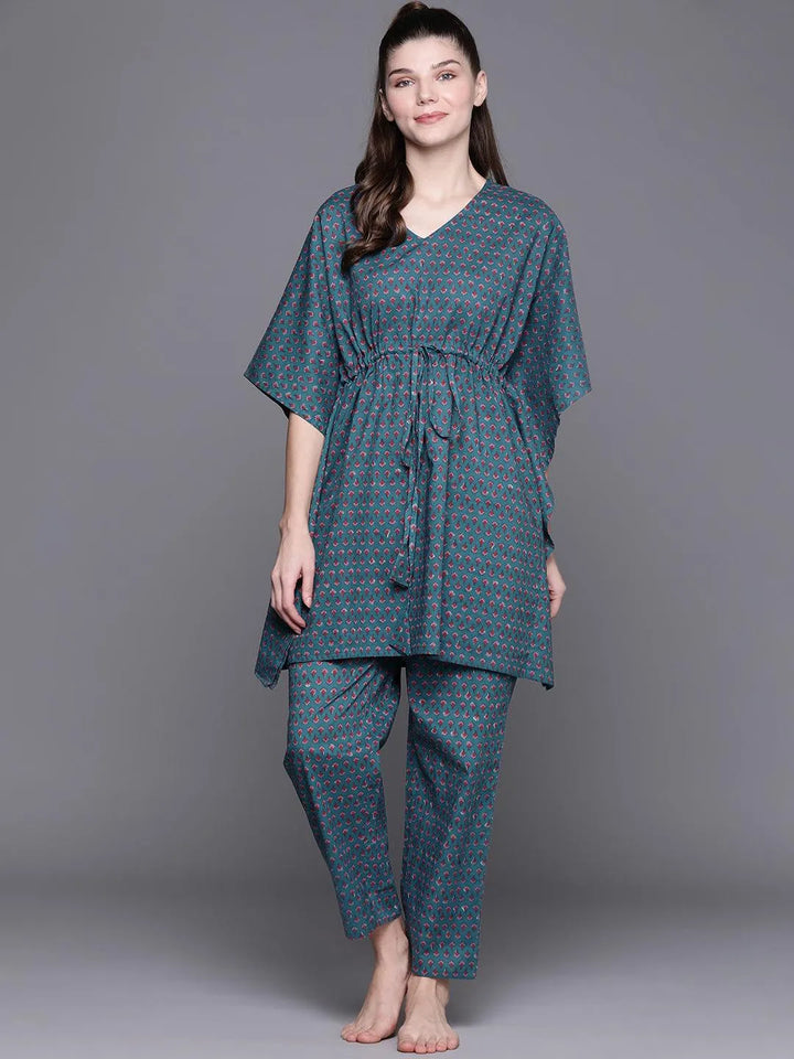 Blue Printed Cotton Night Suit - Libas