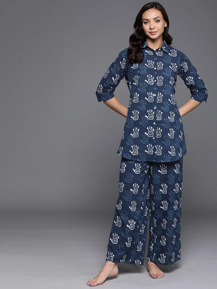 Blue Printed Cotton Night Suit - Libas