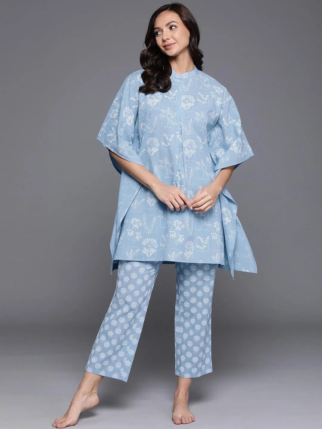 Blue Printed Cotton Night Suit - Libas