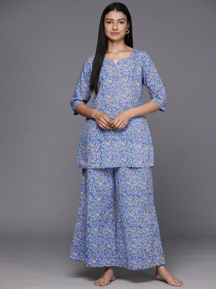 Blue Printed Cotton Night Suit - Libas