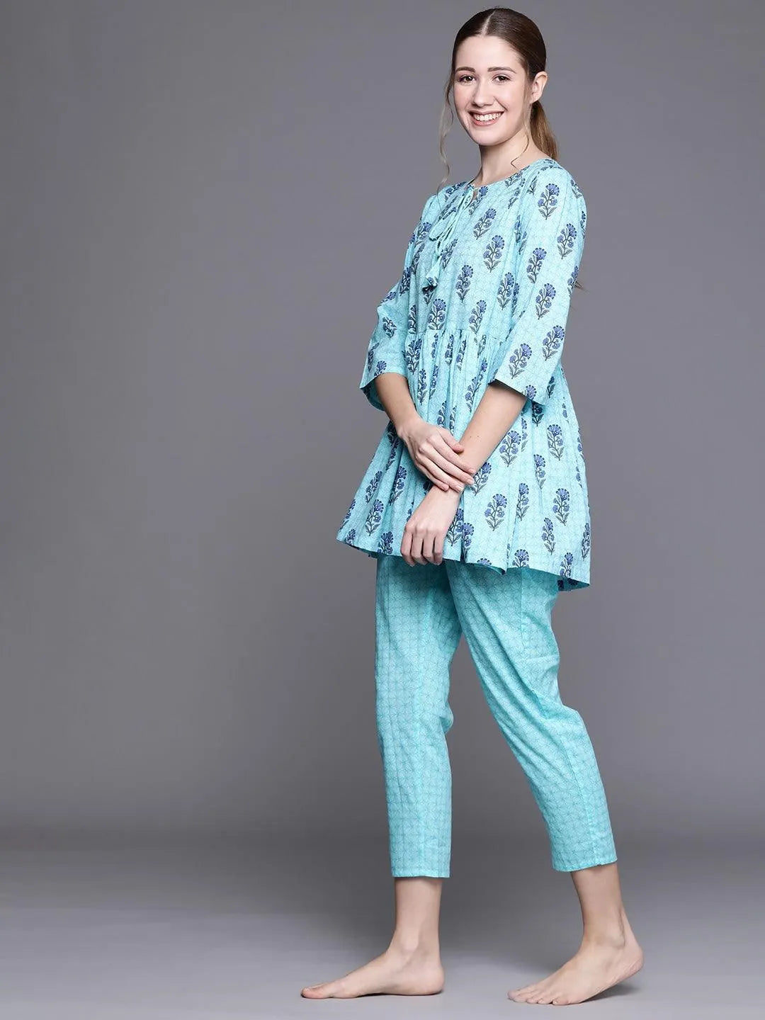 Blue Printed Cotton Night Suit - Libas 