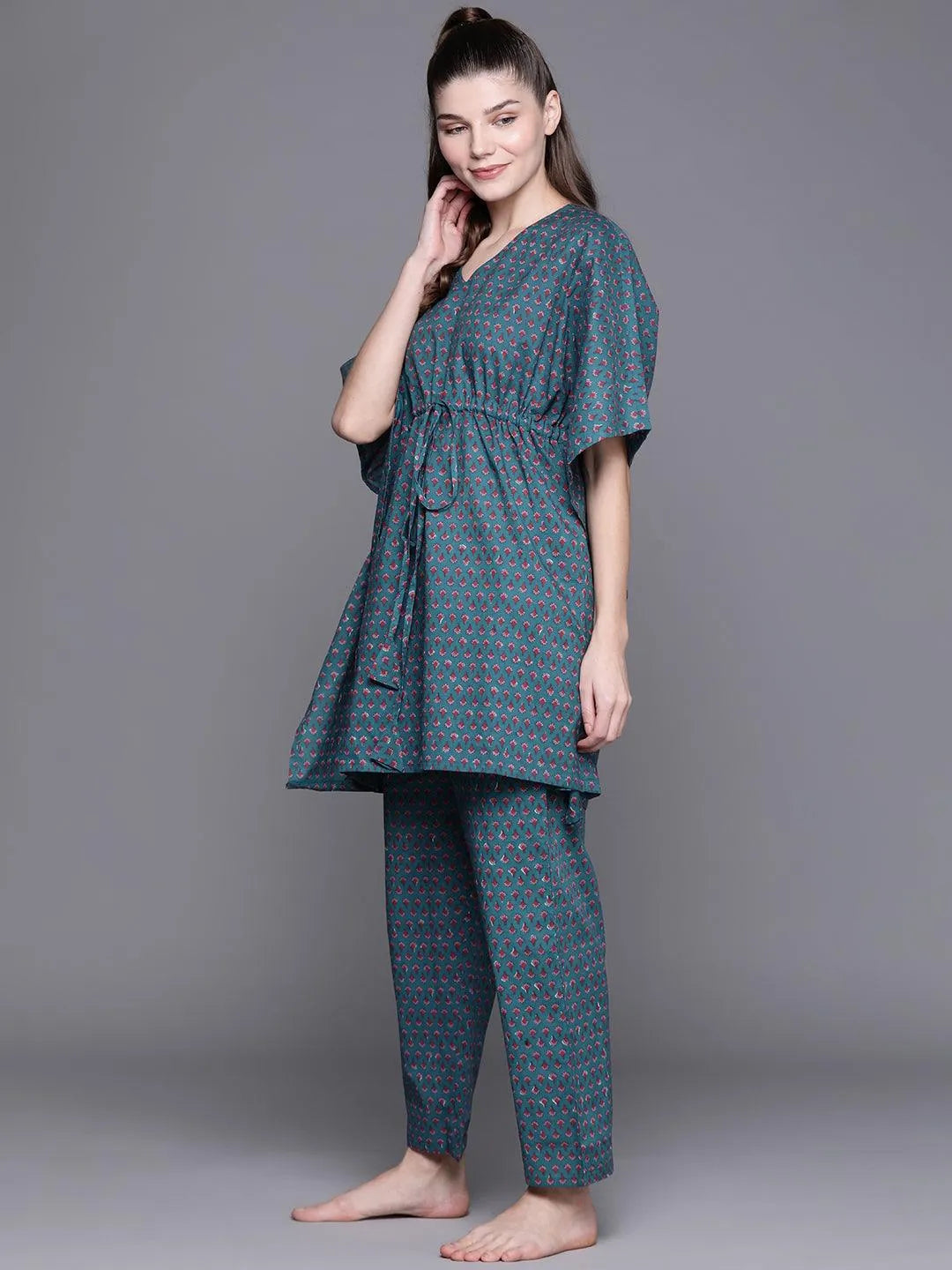 Blue Printed Cotton Night Suit - Libas 