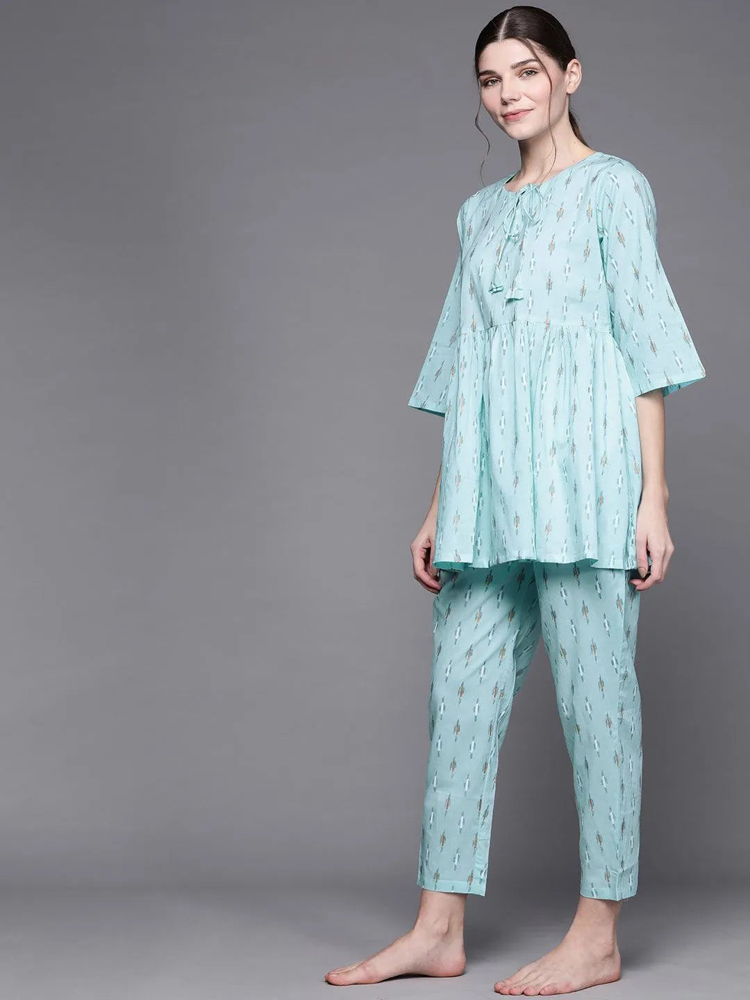 Blue Printed Cotton Night Suit - Libas 