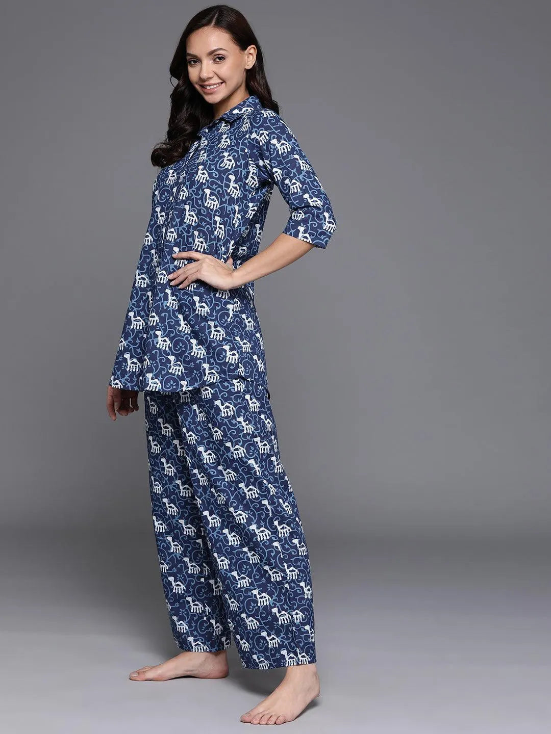 Blue Printed Cotton Night Suit - Libas